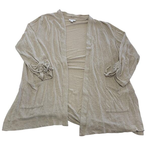 J.Jill Love Linen Cardigan Womens Large Petite Tan Open Front Ruched Sleeves - Picture 1 of 7